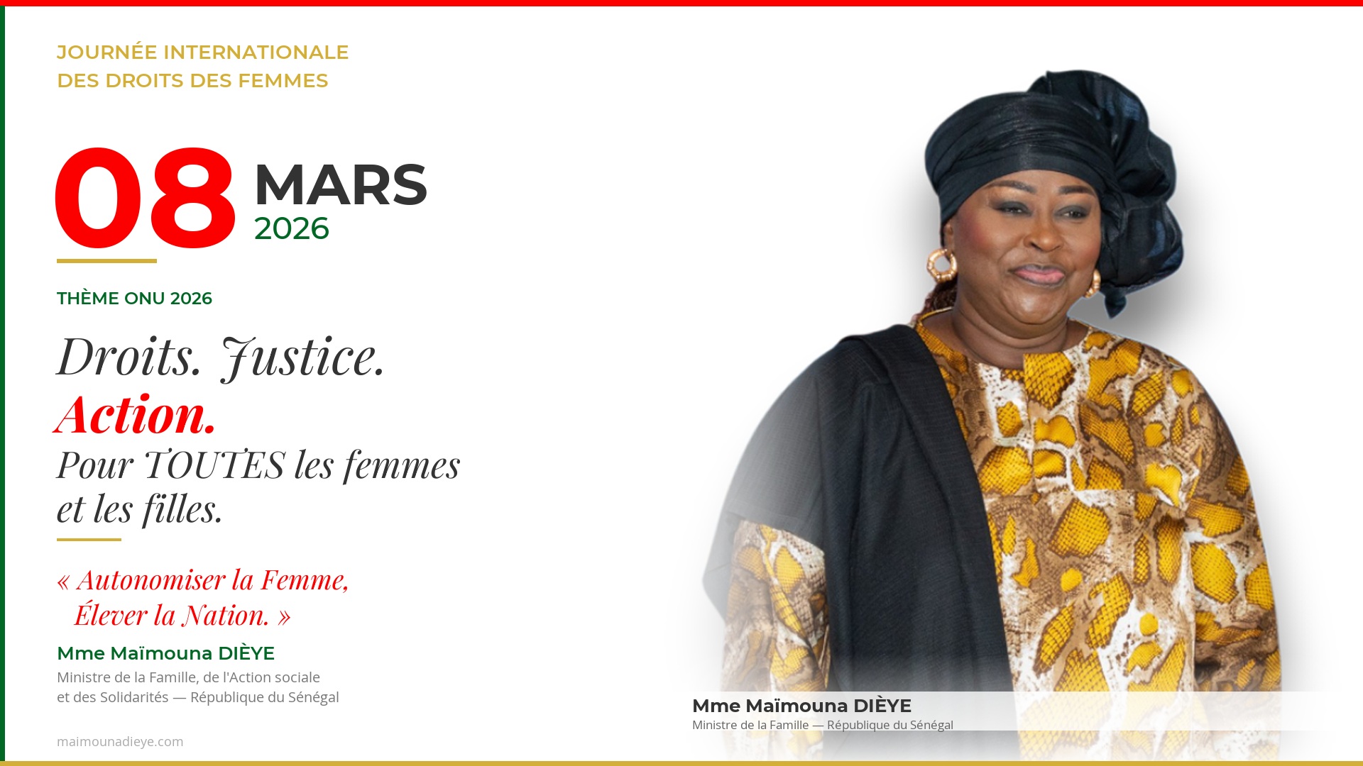 Bannière officielle 8 Mars 2026 — Droits. Justice. Action. Pour toutes les femmes et les filles