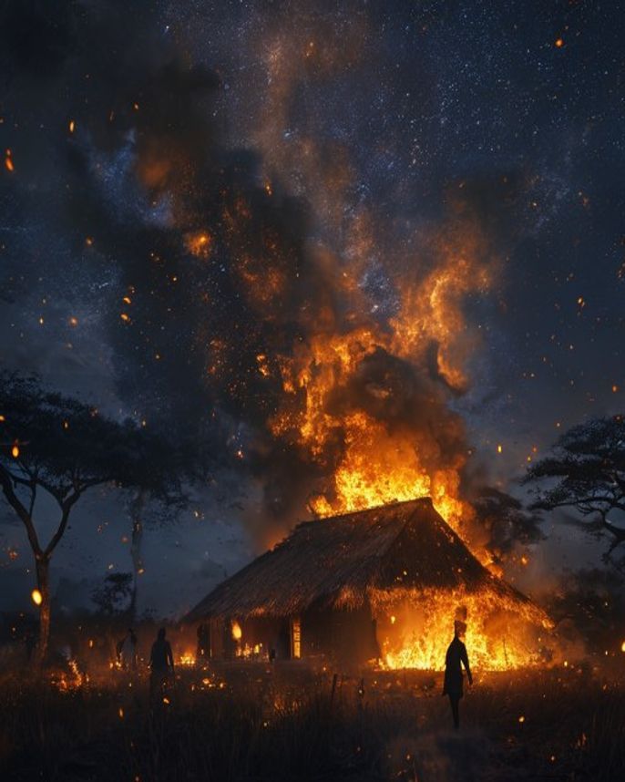 Silhouettes of the women of Nder against the flames